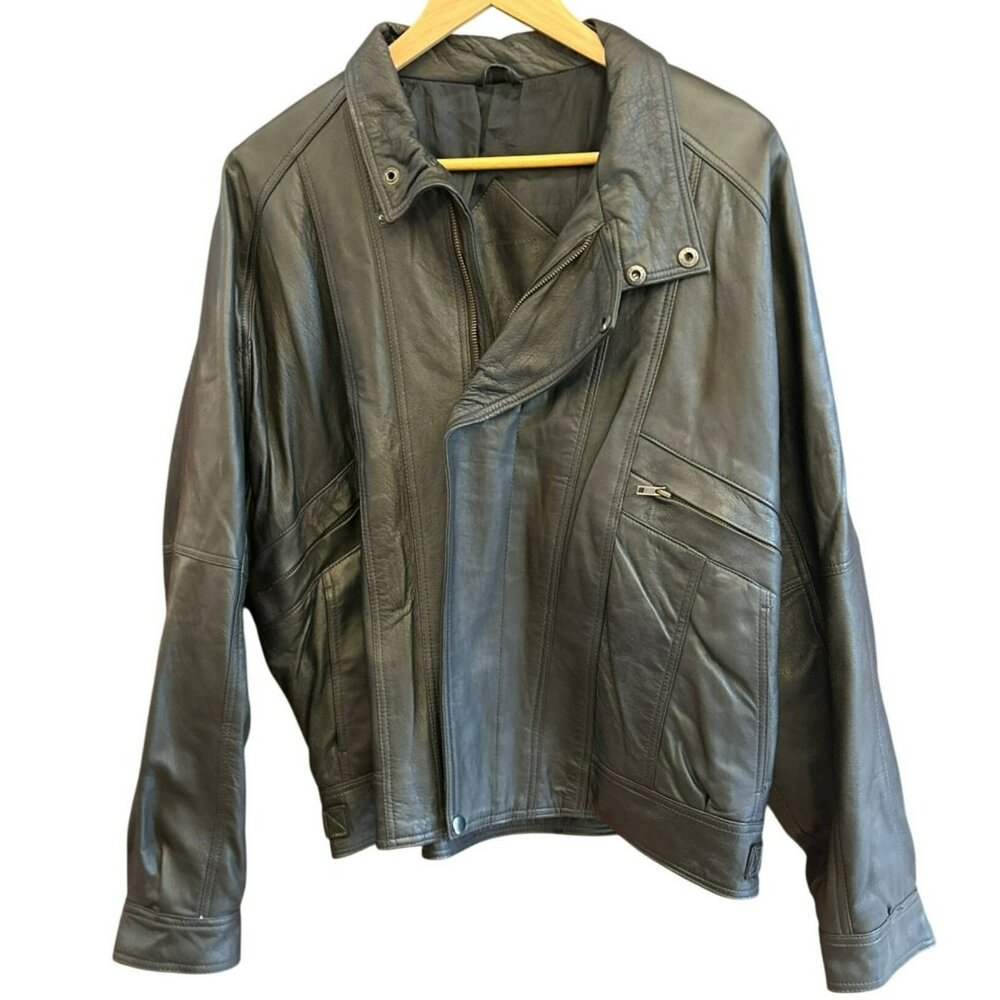 Vintage Men's Black Leather Bomber Jacket Asymmetrical Front Zipper